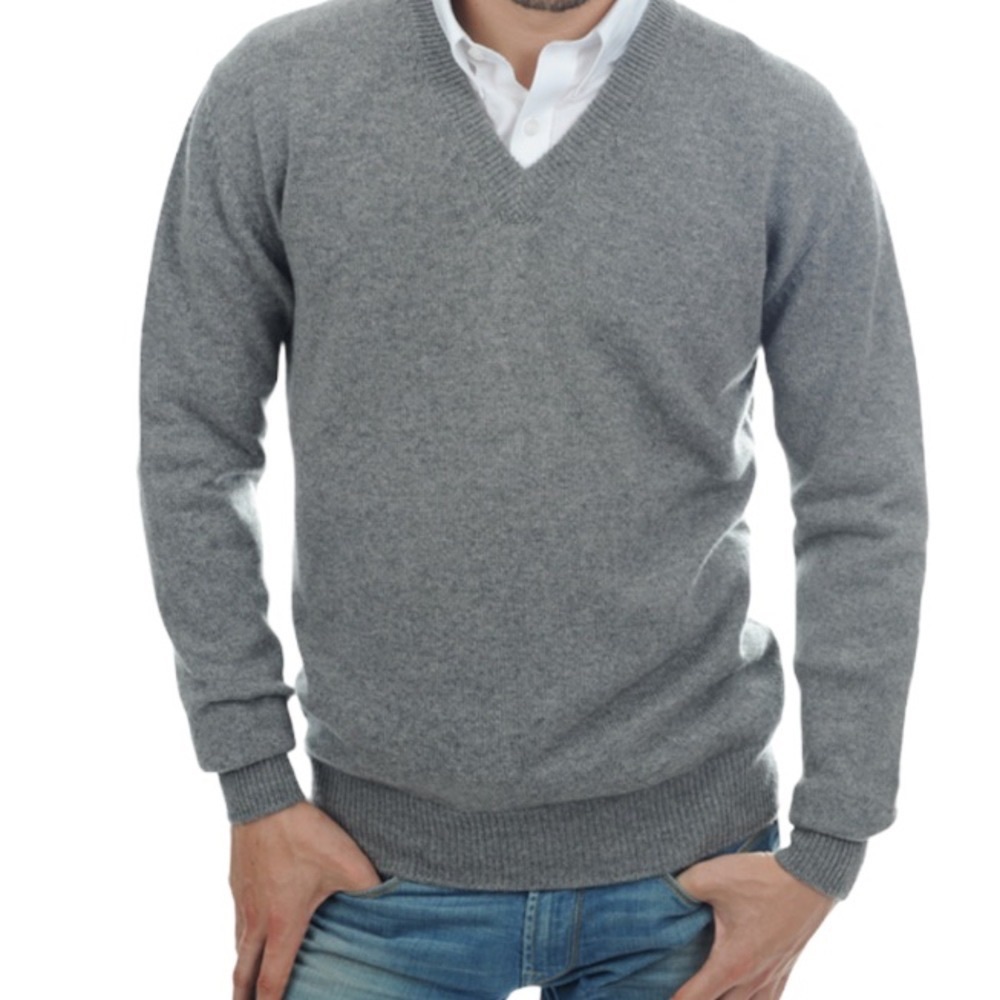 NWOT $351 Daniel Bishop Men Grey V neck 2 Ply 100% Cashmere Sweater L